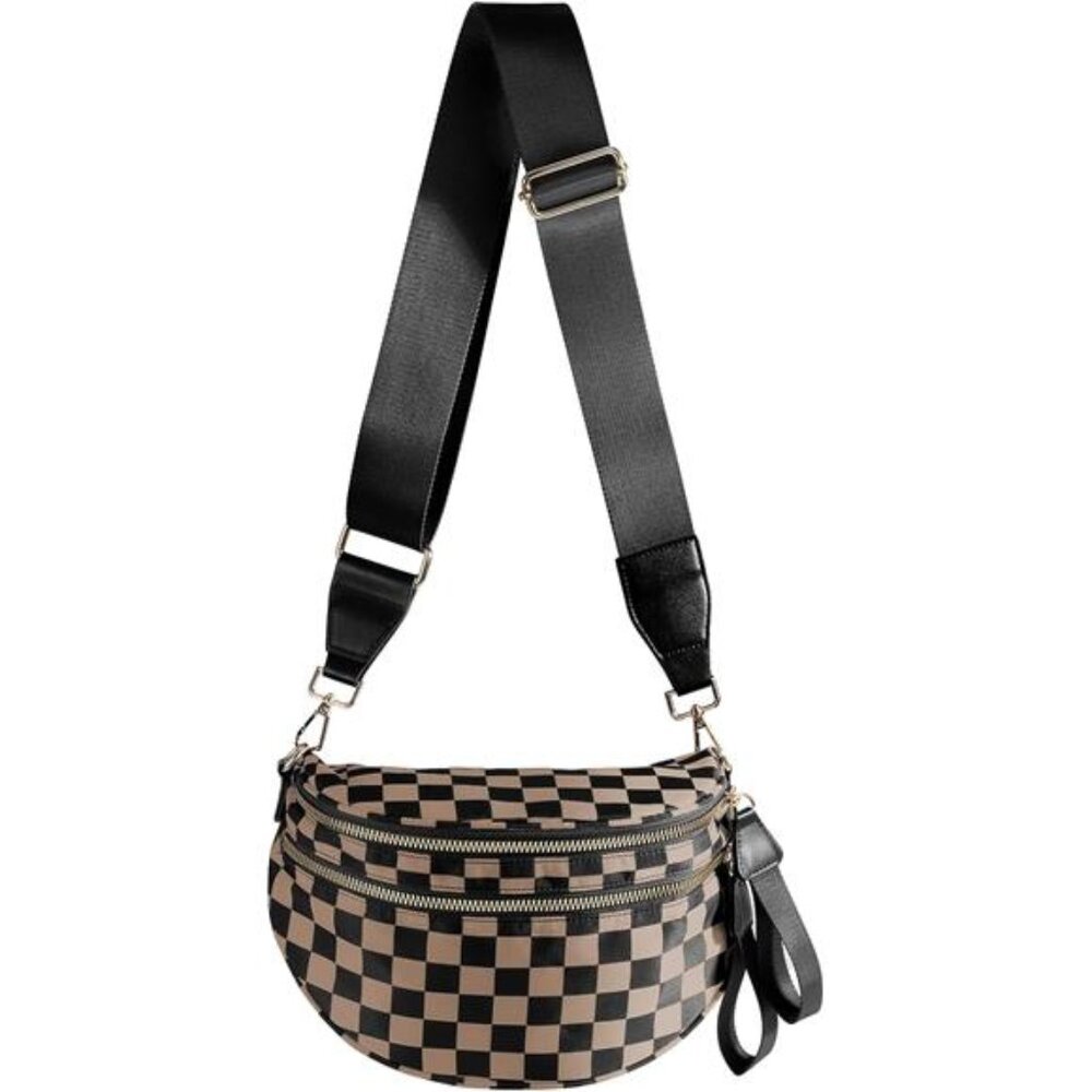 Black Tan Checkered Crossbody Bag Fanny Pack Belt Bag Purse Shoulder Bag Women